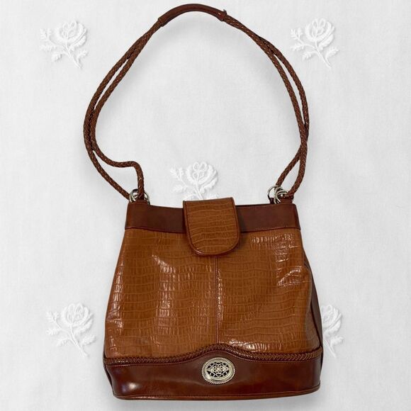 Handbags - Early 2000's Brown Tan Faux Leather Braided Bucket Shoulder Bag Silver Details